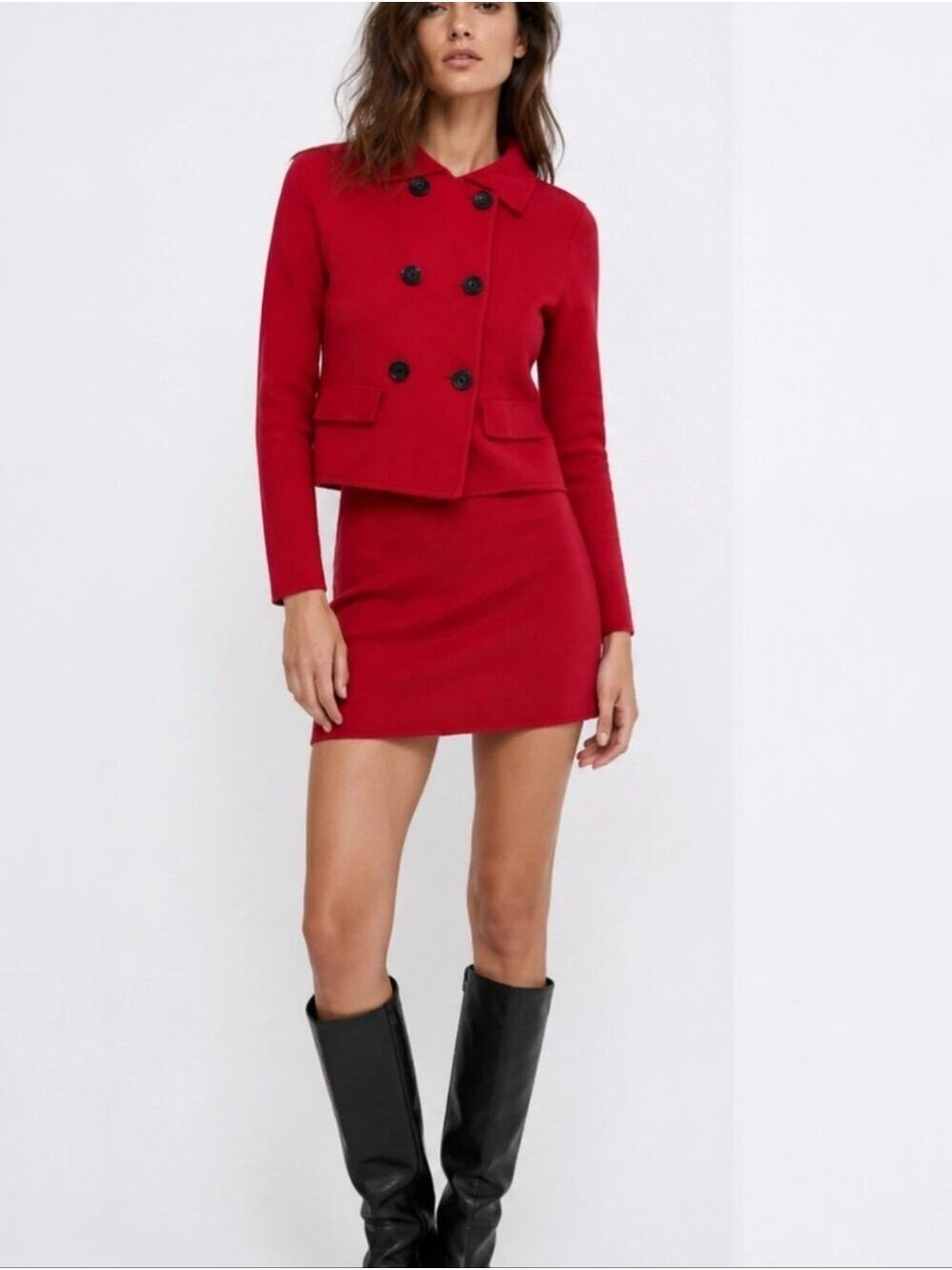 Zara Red Merino Wool Skirt Suit Set – NWT – Size Small – Double-Breasted Jacket